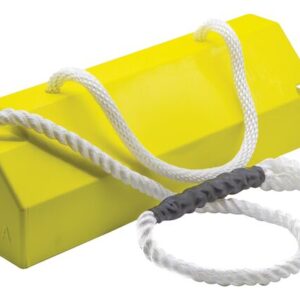 A Justrite yellow buoy measures 20, has grooves, and comes with two attached white ropes. One rope features a black grip, and the buoy is marked M-3DBR-12A on its side.