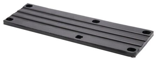 The Justrite Chock, Ac, Acc, 3518, Rpad is a black rectangular metal plate with parallel grooves and six evenly spaced holes for mounting. Its smooth industrial surface emphasizes functionality and precision.