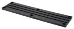 A Justrite Chock,Ac,Acc,3521,Rpad is shown as a black rectangular metal plate with grooves and six evenly spaced holes, featuring a smooth matte finish and resting at an angle on a white background.