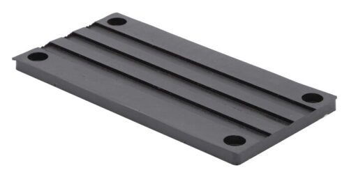 A flat, rectangular metal plate featuring two parallel grooves along its length and four corner holes resembles a Justrite Chock, Ac, Acc, 4614, Rpad design.