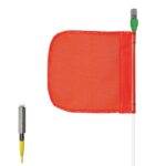 A small red flag with a clear plastic pole showcases a green light bulb on top and a yellow-silver connector below, reminiscent of the Justrite Whip,Ap,10,F12,Of,Pl,A assembly.