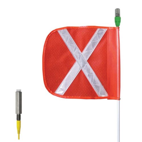 A Justrite Whip flag with a red safety flag featuring a white reflective X and a small top light is attached to the pole. To the left, a yellow and metal connector ensures optimal visibility and connection safety.