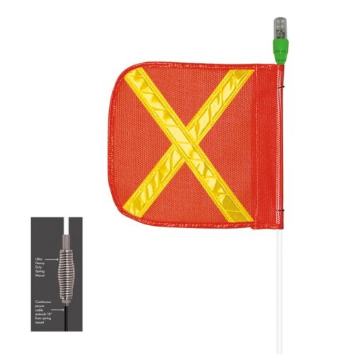 The Justrite Whip,Ap,10,F12,Of,Yx,Af,Pt features a red flag with a large yellow reflective X and a green-tipped light on a pole. An inset image reveals the bases detailed internal connection to the spring mount for enhanced durability and stability.