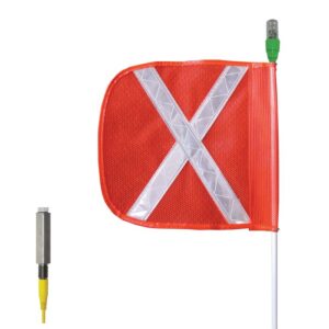 The Justrite Whip,Ap,12,F12,Of,Wx,A features a white pole topped with a red safety flag displaying a reflective X and a small green and gray light, along with an F12 yellow and gray connector detached at the bottom left, designed for visibility and safety.