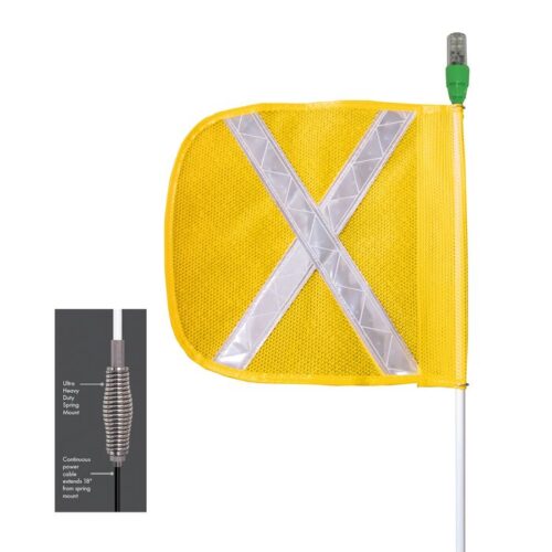The Justrite Whip features a yellow flag with a reflective silver X and an attached pole. A close-up shows the ultra-heavy-duty spring mount, while the top of the 12-foot pole has a green cap with a transparent section.