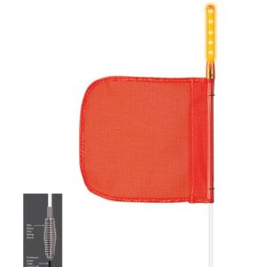 The Justrite Whip setup includes an orange safety flag with a vertical LED light on a thin pole, perfect for enhancing vehicle or bike visibility. Its advanced spring mechanism ensures flexibility and keeps you visible at all times.