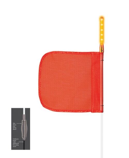 The Justrite Whip setup includes an orange safety flag with a vertical LED light on a thin pole, perfect for enhancing vehicle or bike visibility. Its advanced spring mechanism ensures flexibility and keeps you visible at all times.