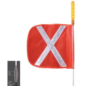 The Justrite Whip,Ap,5,F12,Of,Wx,16,Pt features a red safety flag with a reflective white X, mounted on a pole with an LED light. A close-up reveals the poles spring mechanism highlighting its engineering precision akin to an F12.5 mechanism.