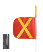 The Justrite Whip, model Ap,5,F12,Of,Yx,Aglo,Pt features a red safety flag with a yellow X on it. Its attached to an Ap pole topped with a light. The insert highlights the poles F12 spring mechanism for improved visibility and reliability.