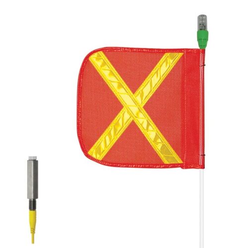 A Justrite Whip is displayed, featuring a red flag with a yellow reflective X and a light on a white pole, alongside an F16 metal connector and yellow cable.