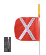 The Justrite Whip,Ap,8,F12,Of,Wx,16,Pt features a red safety flag with a white reflective X pattern and an orange illuminated top. Its Wx8 durability and flexible spring connector ensure reliability across various backgrounds and environments.