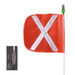 An orange F12 Justrite Whip flag with a white reflective X is on a green-tipped pole. A small inset image shows the poles spring mechanism, emphasizing its seamless design.
