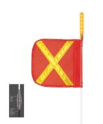 The Justrite Whip (Model: F12) features a red fabric safety flag with a yellow reflective X design on a fiberglass pole. It includes a detailed view of the ultra-dense spring system at the base and has a light mounted at the top.