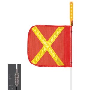 The Justrite Whip (Model: F12) features a red fabric safety flag with a yellow reflective X design on a fiberglass pole. It includes a detailed view of the ultra-dense spring system at the base and has a light mounted at the top.