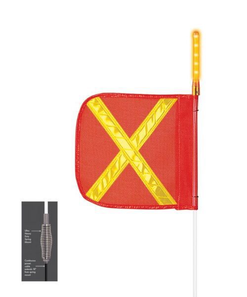 The Justrite Whip (Model: F12) features a red fabric safety flag with a yellow reflective X design on a fiberglass pole. It includes a detailed view of the ultra-dense spring system at the base and has a light mounted at the top.