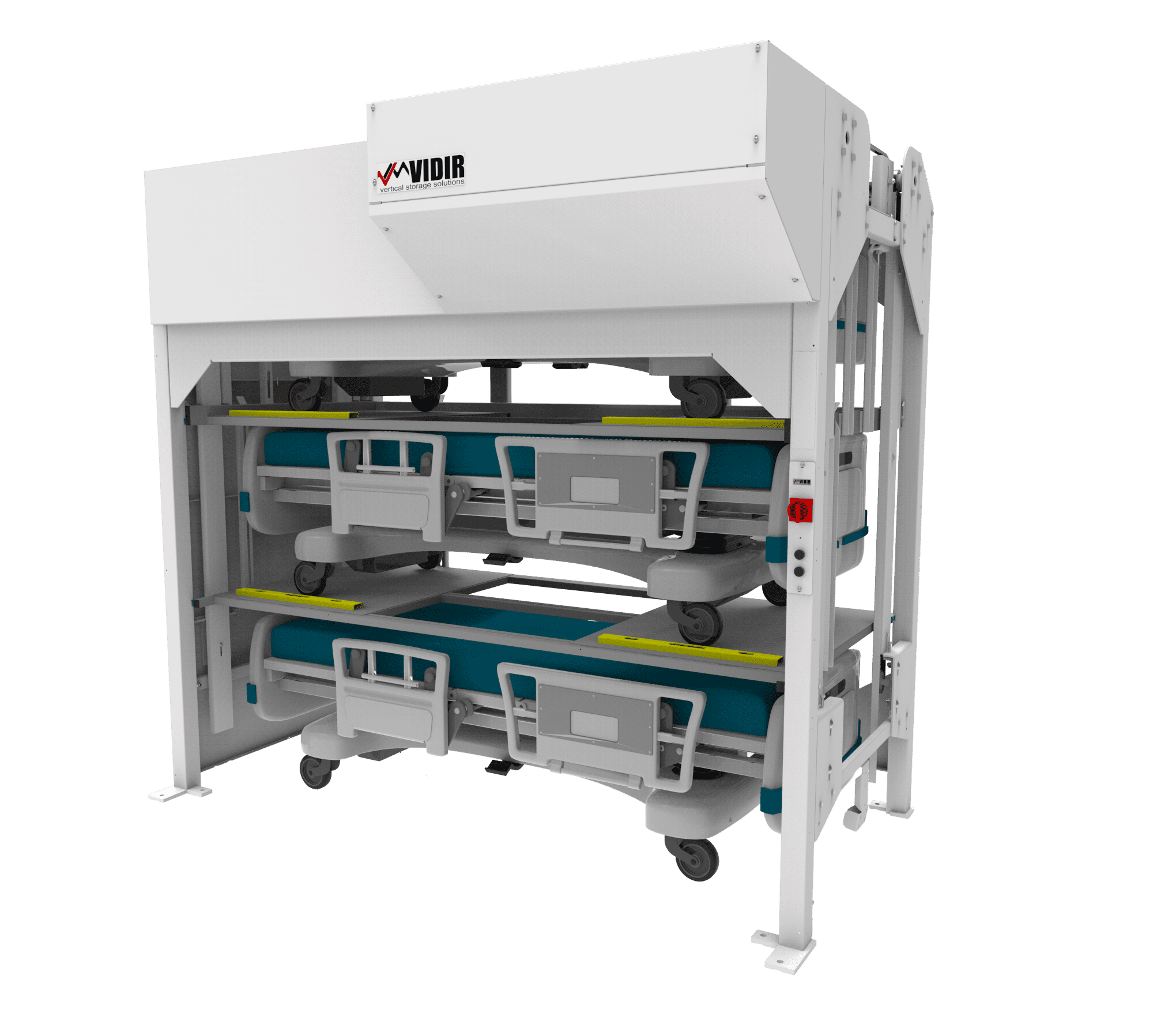 The Vidir Hospital Bedlifts system features a white automated storage unit with two blue medical beds stacked vertically, securely held in the metal frame. With a visible control panel, this customizable hospital bed storage solution efficiently conserves space and organizes equipment.
