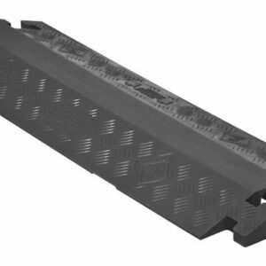 The Justrite Cp,Lb,1Ch,1.25,Gp,Do,B is a black rubber cable protector with a diamond-patterned surface, featuring two channels and ramps on each side—perfect for organizing GP setups at events or workplaces.