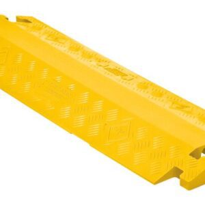 The Justrite Cp,Lb,1Ch,1.25,Gp,Do,Y is a yellow plastic ramp with a diamond-pattern texture and grooves to cover cables or hoses and prevent tripping hazards. It features interlocking ends for connecting multiple units, ideal for ensuring safety at events and perfect for 1Ch setups.