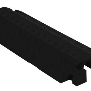 The Justrite Cus,Cp,Lb,1Ch,2.25,Gp,Do,B cable ramp in black rubber has a textured surface and two grooves for cables. Its designed to handle heavy loads, with partially exposed grooves at one end and covered along most of the length, all displayed against a stark white background.