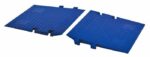 Two interlocking Justrite Cp,Gd,3Ch,Ada,Ramps,Do,Blu anti-fatigue floor mats feature a diamond pattern and notched edges for seamless connection. Positioned on a pristine white background.