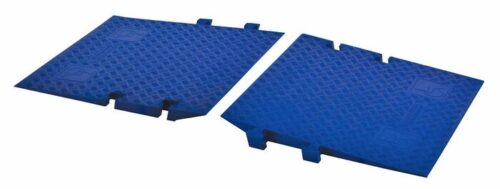 Two interlocking Justrite Cp,Gd,3Ch,Ada,Ramps,Do,Blu anti-fatigue floor mats feature a diamond pattern and notched edges for seamless connection. Positioned on a pristine white background.