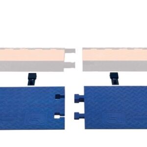 Two Justrite Cp,Gd,5Ch,Ada,Ramps,Blue protectors with interlocking edges and integrated handles look like small ramps. They have a textured surface for grip, positioned side by side, showing beige cable slots underneath for GDs 5Ch design.