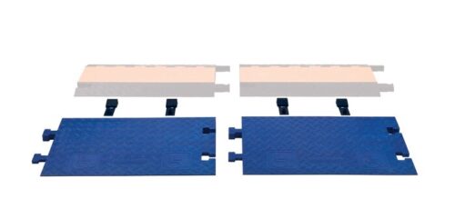 Two Justrite Cp,Gd,5Ch,Ada,Ramps,Blue protectors with interlocking edges and integrated handles look like small ramps. They have a textured surface for grip, positioned side by side, showing beige cable slots underneath for GDs 5Ch design.