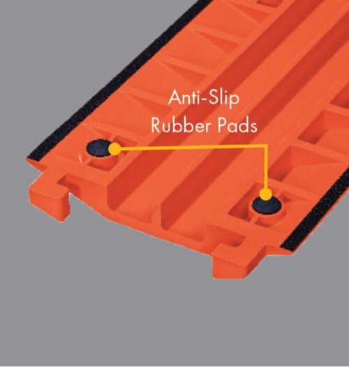 CPRPKIT.75-18.jpg Close-up of an orange plastic object featuring anti-slip rubber pads for stability, similar to the Justrite Cp,Acc,Rpad Kit,.75,18Pk. It boasts grooves and a .75 precision design against a solid gray background.