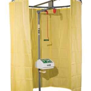 The Justrite Ssaccy, Modcurtain, Pipemt includes a central metal pole with a circular emergency safety shower, bright yellow Modcurtain curtains, a green Pipemt pull handle, an overhead showerhead, control panel, and two gender symbol signs above.