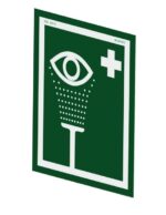 Green and white Justrite H, Ssaccy, Eyewash Sign displaying an eye above a vertical line with droplets, symbolizing an emergency eyewash station. Features a white cross in the top right corner.