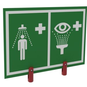 The Justrite H,Ssaccy,Htd Eywsh&Shr Sgn&Brk features a green safety sign with a human figure under running water for showers and an eye symbol with water droplets for emergency eyewash stations. Both symbols include a white cross to denote first aid or emergency assistance.