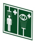 The Justrite H Ssaccy Eyewash & Shower Sign includes symbols of a person under a shower for an emergency shower station and a large eye with droplets for an eyewash station, both inside white rectangles with medical crosses.