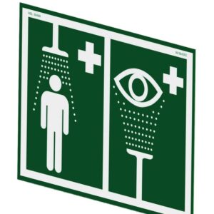 The Justrite H Ssaccy Eyewash & Shower Sign includes symbols of a person under a shower for an emergency shower station and a large eye with droplets for an eyewash station, both inside white rectangles with medical crosses.