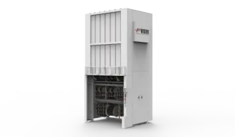 A large industrial machine with a white exterior showcases a user-friendly design, featuring multiple vents and components. The brand logo is visible on the upper right side. Positioned against a neutral gray background, it embodies advanced industrial storage solutions.