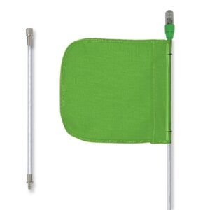 The Justrite Whip, Gp, 10, Lit, F12, Gf, Pl, Spqd features a green bicycle safety flag on a white pole with a reflective tip. This rectangular flag has rounded edges and is detachable at the base.