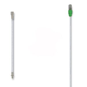 Two long, white cables appear against a plain background. The left cable has a metallic connector, while the right features an Nf green connector with a transparent bulb-like tip from the Justrite Whip,Gp,10,Lit,Nf,Spqd product line.