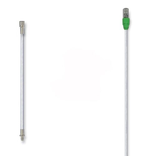 Two long, white cables appear against a plain background. The left cable has a metallic connector, while the right features an Nf green connector with a transparent bulb-like tip from the Justrite Whip,Gp,10,Lit,Nf,Spqd product line.