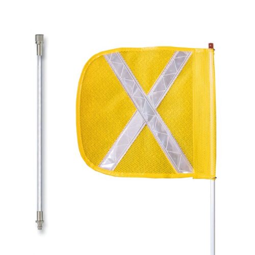 FS10X-SPQD-Y.jpg The Justrite Whip, model Gp,10,F12,Yf,Wx,Spqd, features a yellow mesh flag with a reflective silver X on a white pole. Another metal rod with a threaded end is included, all against a white backdrop.