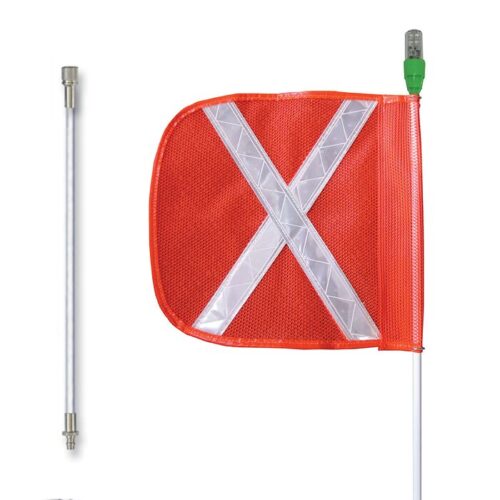 The Justrite Whip,Gp,10,Lit,F16,Of,Wx,Spqd features an orange safety flag with a reflective white X and a green-tipped pole. It is shown under streetlights twice: once attached to the pole and once detached and lying horizontally.