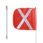 The Justrite Whip (Gp,12,F16,Of,Wx,Spqd) features a small red safety flag with a large white reflective X mounted on a pole. It is displayed beside a metal rod with threaded ends for enhanced visibility and functionality.