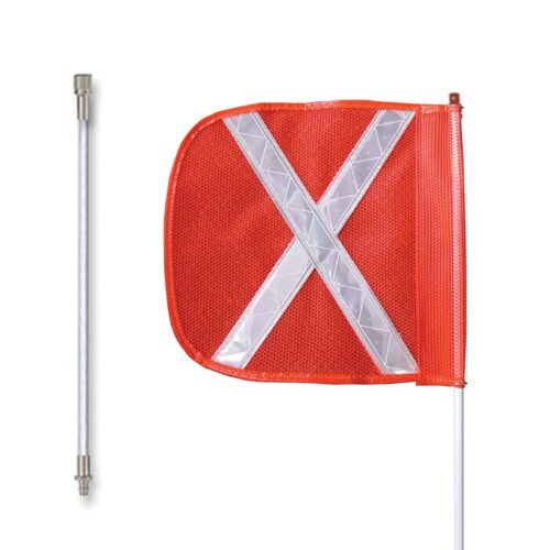 FS12X-16-SPQD-O.jpg The Justrite Whip (Gp,12,F16,Of,Wx,Spqd) features a small red safety flag with a large white reflective X mounted on a pole. It is displayed beside a metal rod with threaded ends for enhanced visibility and functionality.