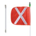 The Justrite Whip safety pole features a bright orange flag with a white reflective X and is mounted on a thin white rod, complemented by an F16-inspired detached metal piece.