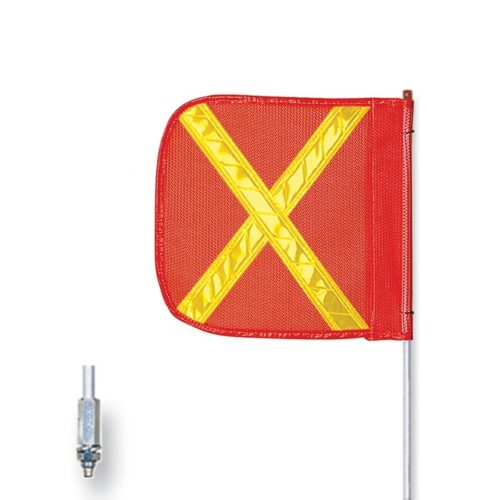 The Justrite Whip, Gp, 12, F12, Of, Yx features a vibrant red safety flag with a yellow reflective X pattern on a durable pole, along with an integrated metallic connector for easy attachment.