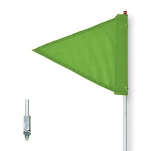 A Justrite Whip, Gp, 3, Tf, Gf, Pl features a green triangular flag with a red cap at the top of a metal pole marked Gf, standing vertically with a separate metal fitting labeled Pl beside it.