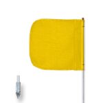 The Justrite Whip,Gp,3,F12,Yf,Pl features a bright yellow rectangular flag on a white pole for enhanced visibility. Made from durable fabric with a metal mount connector, its perfect for safety during commutes and stands out on plain backgrounds.