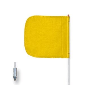 The Justrite Whip,Gp,3,F12,Yf,Pl features a bright yellow rectangular flag on a white pole for enhanced visibility. Made from durable fabric with a metal mount connector, its perfect for safety during commutes and stands out on plain backgrounds.
