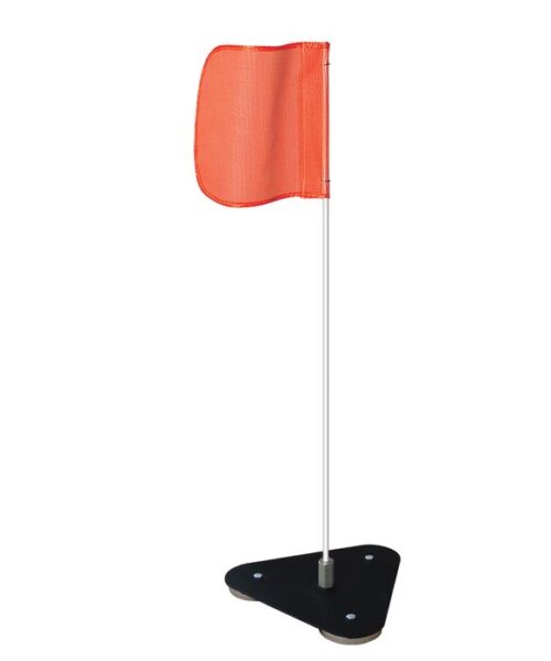 FS3OST3009.jpg The Justrite Whip, Gp, 3, F12, Of, Pl, 3009 Kit features a small triangular black base supporting a slim metal pole with an attached red mesh flag labeled F12, flying left against a white background.