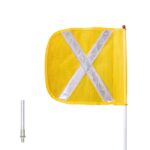 The Justrite Whip, Gp, 3, F12 features a yellow flag with a reflective silver X design (Yf) attached to a pole on a white background, alongside the Wx symbol and a small metal cylinder.