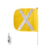 The Justrite Whip, Gp, 3, F12, Yf, Wx features a yellow safety flag with a reflective silver X centered on a white pole and includes a metal connector for easy attachment to vehicles. Its design is functional and highlighted against a clean white background.