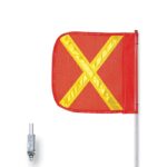 The Justrite Whip, Gp, 3, F12, Of, Yx features a red safety flag with a yellow reflective X pattern on a white pole. Below the flag is a metal attachment piece against a plain white backdrop highlighting its design.